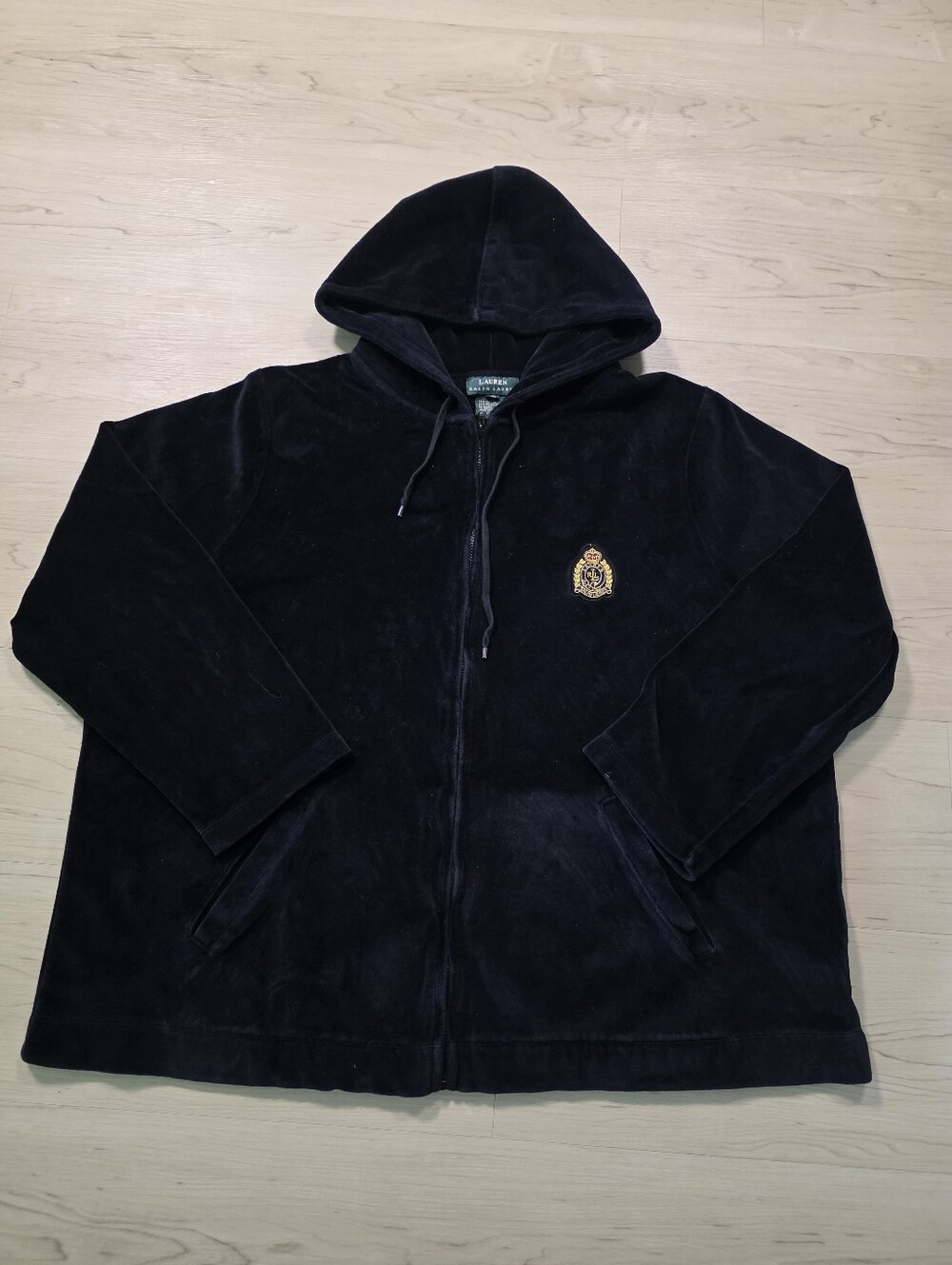 Lauren Ralph Lauren 1X Black Velour Zip Up Hoodie Crest Logo Cotton Old Money